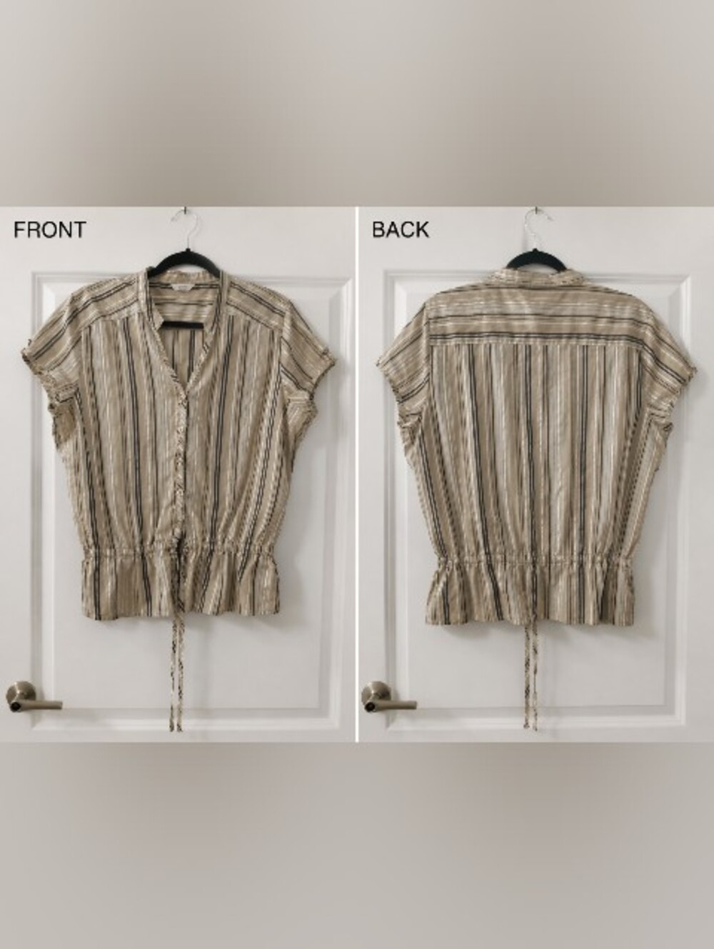 Christopher & Banks Stripe Cap Sleeve Drawstring Peplum Neutral Boho Cottagecore